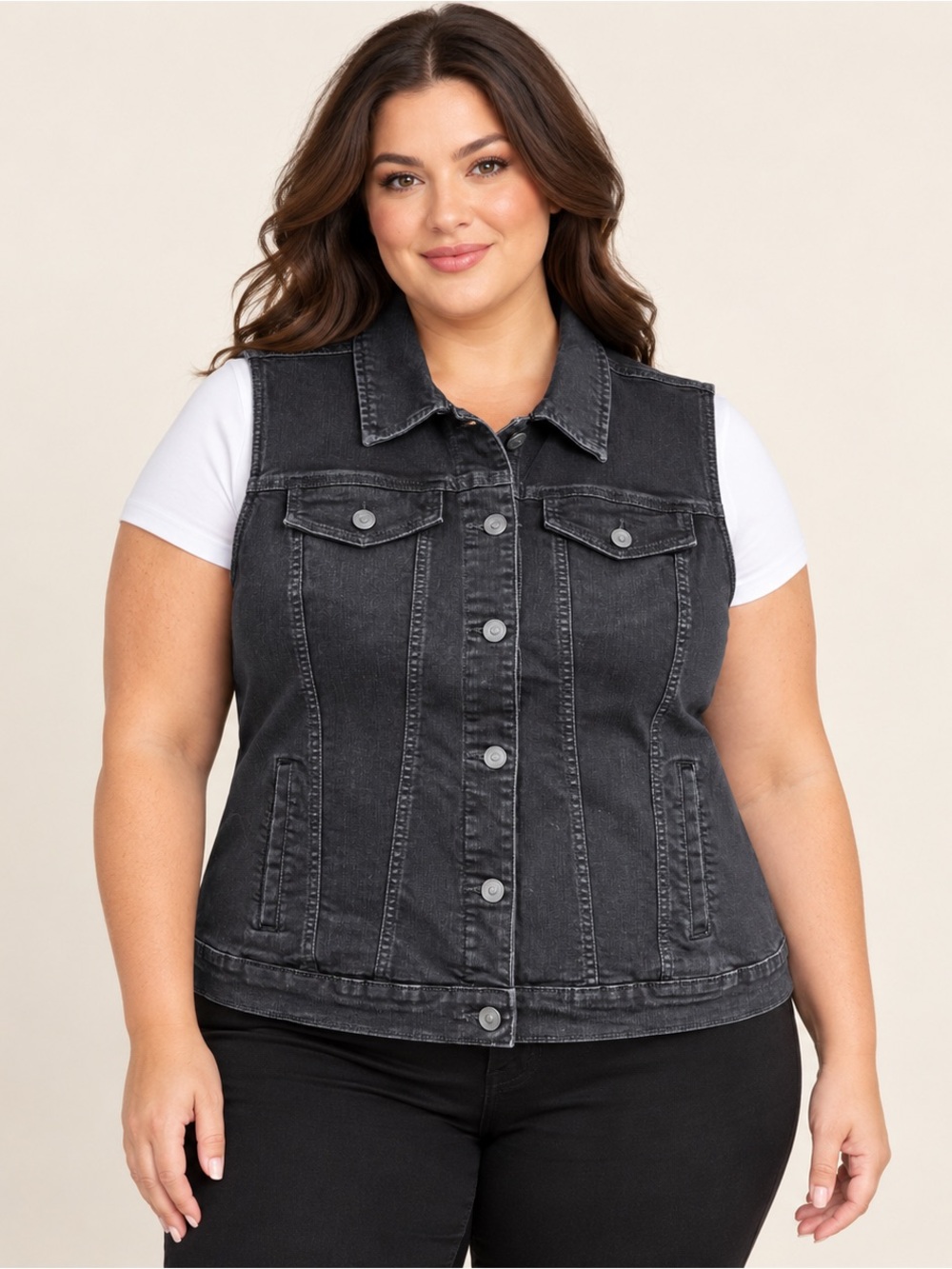 EST. 1846 Denim Black Stretch Jean Vest Plus Size 18/20W Adjustable Waist